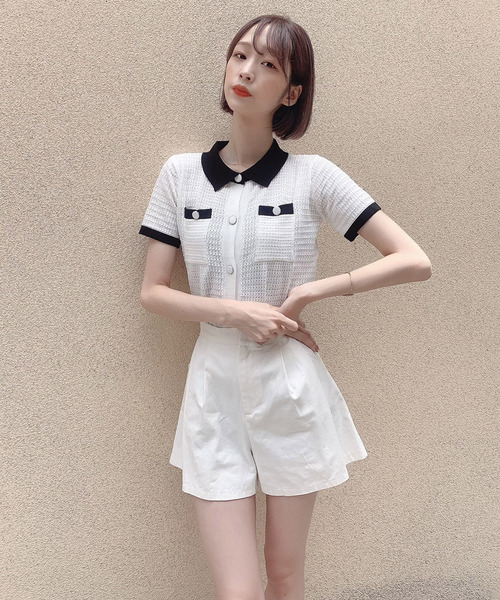 Voyage titty&Co.PETIT（ボヤージュティティアンドコープチ）の「【Voyage titty&Co.】voyage2021SSポロニットプルオーバー（ニット/セーター・レディース・ブラック/オフホワイト/グリーン・FREE）」の9枚目の写真