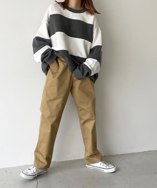 CANAL JEAN（キャナルジーン）の「RED CHOP WORKS(レッドチョップワークス) ワイドボーダー裏毛トレーナー（スウェット・レディース・チャコールグレー/グリーン・38）」の12枚目の写真