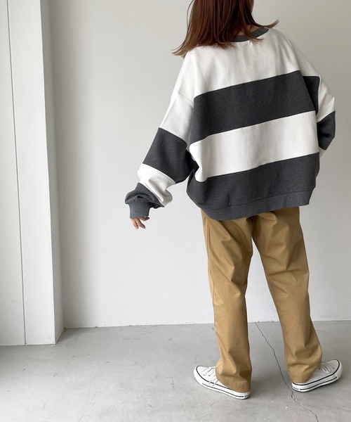 CANAL JEAN（キャナルジーン）の「RED CHOP WORKS(レッドチョップワークス) ワイドボーダー裏毛トレーナー（スウェット・レディース・チャコールグレー/グリーン・38）」の3枚目の写真