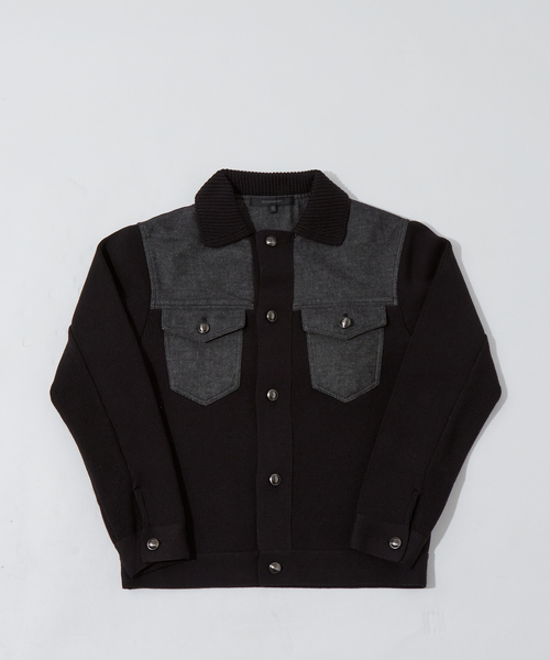 DESIGNWORKS デニムコンビ ニット ブルゾン ブラック メンズ 48 デニムコンビ ニット ブルゾン（ブルゾン）｜DESIGNWORKS（デザイン