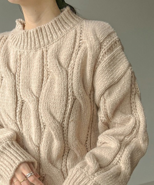 Bab（バブ）の「ケーブル編みカラーニット（ニット/セーター・レディース・ライトグリーン/アイボリー/モカ・M）」の11枚目の写真