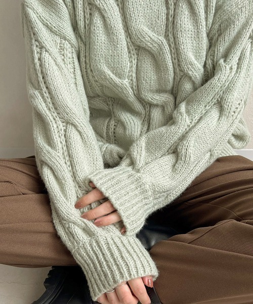 Bab（バブ）の「ケーブル編みカラーニット（ニット/セーター・レディース・ライトグリーン/アイボリー/モカ・M）」の8枚目の写真
