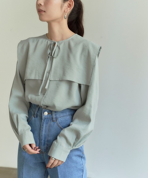 titivate（ティティベイト）の「ｹｰﾌﾟ付きﾉｰｶﾗｰﾌﾞﾗｳｽ（シャツ/ブラウス・レディース・オフホワイト/ライトグリーン/ブラック・S/M）」の3枚目の写真