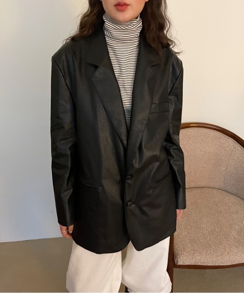 Didot.showroom ステンカラー中綿レザーオーバージャケット 黒