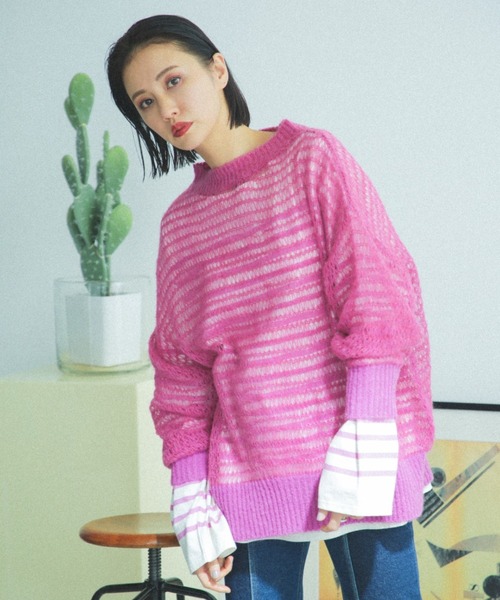 ROSE BUD(ローズバッド)の「<ブラックのみWEB限定カラー>シアーニット(ニット/セーター・レディース・ブルー/グリーン/ピンク/ブラック・ONE SIZE)」の4枚目の写真