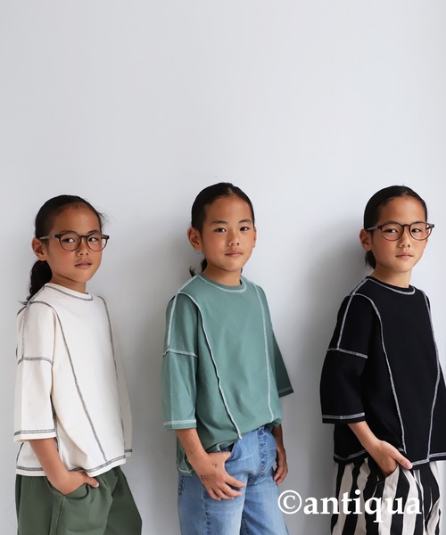 antiqua（アンティカ）の「切替ステッチトップス（Tシャツ/カットソー・キッズ・ブラック/カーキ/アイボリー・4/6/3/5）」の4枚目の写真