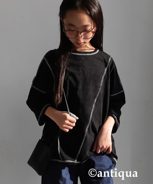 antiqua（アンティカ）の「切替ステッチトップス（Tシャツ/カットソー・キッズ・ブラック/カーキ/アイボリー・4/6/3/5）」の6枚目の写真