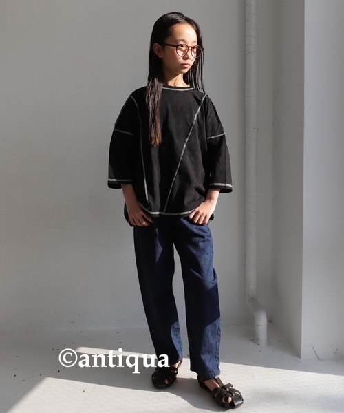antiqua（アンティカ）の「切替ステッチトップス（Tシャツ/カットソー・キッズ・ブラック/カーキ/アイボリー・4/6/3/5）」の5枚目の写真