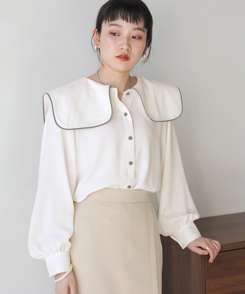 Bab(バブ)の「配色パイピングブラウス(シャツ/ブラウス・レディース・ライトブルー/オフホワイト・M)」の2枚目の写真