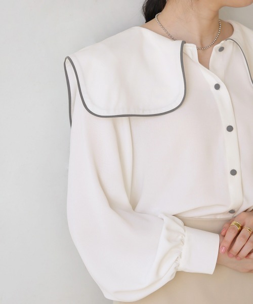 Bab(バブ)の「配色パイピングブラウス(シャツ/ブラウス・レディース・ライトブルー/オフホワイト・M)」の5枚目の写真