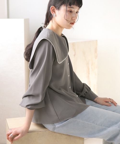 Bab(バブ)の「配色パイピングブラウス(シャツ/ブラウス・レディース・ライトブルー/オフホワイト・M)」の7枚目の写真