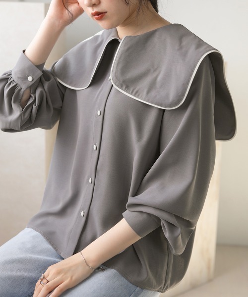 Bab(バブ)の「配色パイピングブラウス(シャツ/ブラウス・レディース・ライトブルー/オフホワイト・M)」の8枚目の写真