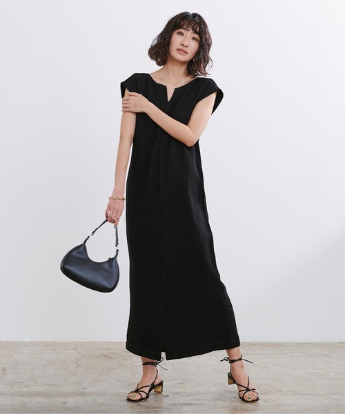UR'S（ユアーズ）の「キーネックIラインワンピース（ワンピース・レディース・ブラック/オフホワイト・S/M/L/PS(XS－S)）」の2枚目の写真