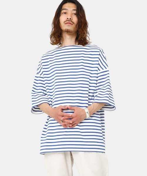 marka（マーカ）の「marka / マーカ：BASQUE SHIRT S/S - organic cotton knit border -：M22B-12CS01B[COR]（Tシャツ/カットソー・メンズ・ホワイト×ブルー/ブラック系/ネイビー系・1/2/3）」の2枚目の写真