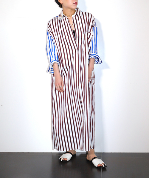 CITYSHOP(シティーショップ)の「STRIPE SHIRT DRESS:ワンピース(ワンピース・レディース・ブラック/ブラウン・36/38)」の1枚目の写真