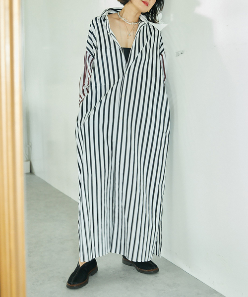 CITYSHOP(シティーショップ)の「STRIPE SHIRT DRESS:ワンピース(ワンピース・レディース・ブラック/ブラウン・36/38)」の2枚目の写真