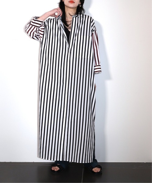 CITYSHOP(シティーショップ)の「STRIPE SHIRT DRESS:ワンピース(ワンピース・レディース・ブラック/ブラウン・36/38)」の6枚目の写真