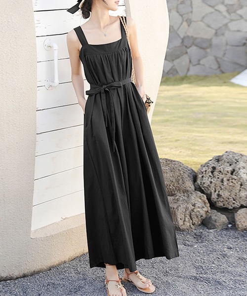 Primazel(プリマゼル)の「ウエストリボン付きワイドオールインワン(サロペット/オーバーオール・レディース・ライトブラウン/ベージュ/ブラック・M)」の4枚目の写真