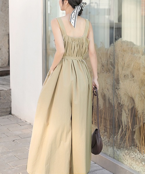 Primazel(プリマゼル)の「ウエストリボン付きワイドオールインワン(サロペット/オーバーオール・レディース・ライトブラウン/ベージュ/ブラック・M)」の7枚目の写真