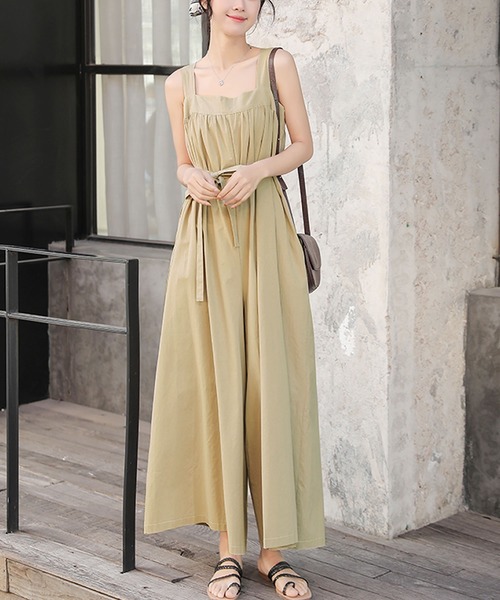 Primazel(プリマゼル)の「ウエストリボン付きワイドオールインワン(サロペット/オーバーオール・レディース・ライトブラウン/ベージュ/ブラック・M)」の8枚目の写真