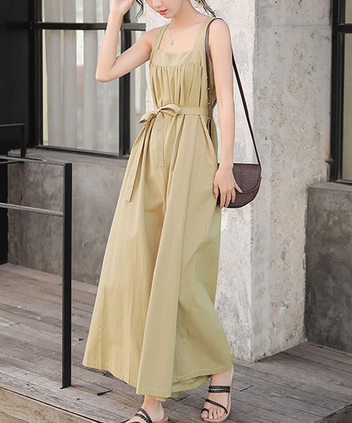 Primazel(プリマゼル)の「ウエストリボン付きワイドオールインワン(サロペット/オーバーオール・レディース・ライトブラウン/ベージュ/ブラック・M)」の9枚目の写真