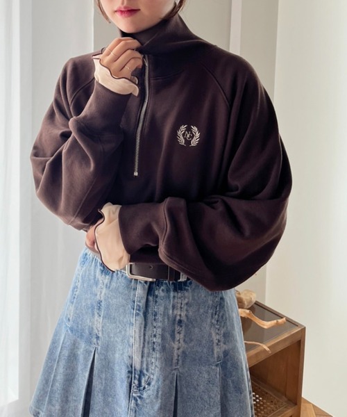 one after another NICE CLAUP（ワンアフターアナザーナイスクラップ）の「ハーフジップワンポイント刺繍スウェット（スウェット・レディース・オフホワイト/杢グレー/ブラウン・FREE）」の15枚目の写真