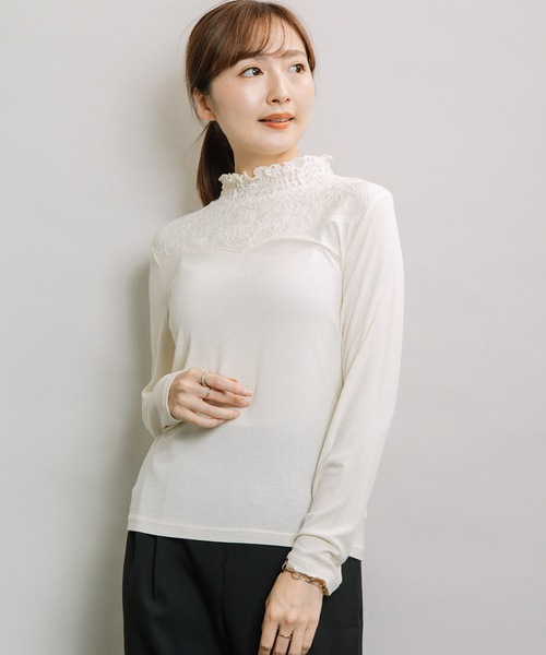 ELVENCE DEUX（エルベンスドゥ）の「テレコレースツカイHN（Tシャツ/カットソー・レディース・ブラック/ベージュ/オフホワイト・MEDIUM/LARGE）」の2枚目の写真