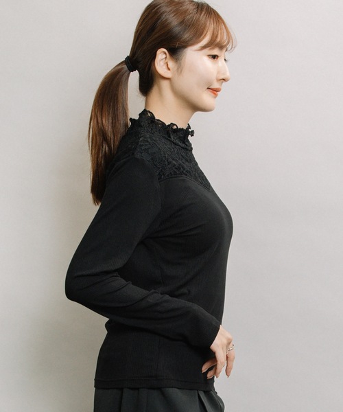ELVENCE DEUX（エルベンスドゥ）の「テレコレースツカイHN（Tシャツ/カットソー・レディース・ブラック/ベージュ/オフホワイト・MEDIUM/LARGE）」の7枚目の写真