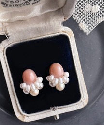 【malle la brocante/マルラブロカント】14kgf ピンクオパールと淡水ケシパールのコラージュピアス