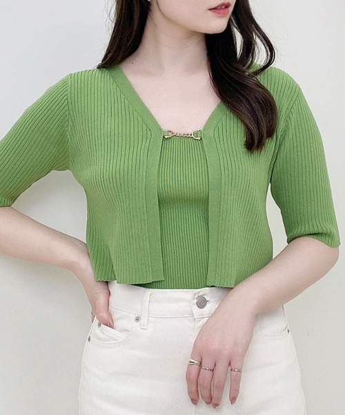 INGNI(イング)の「フロントチェーン付半袖ボレロニット+キャミSET(アンサンブル・レディース・ブラック/サックスブルー/ライトグリーン/アイボリー・M)」の3枚目の写真