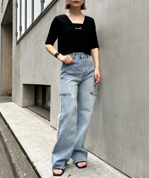 INGNI(イング)の「フロントチェーン付半袖ボレロニット+キャミSET(アンサンブル・レディース・ブラック/サックスブルー/ライトグリーン/アイボリー・M)」の7枚目の写真