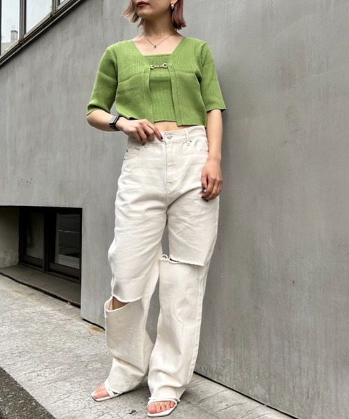 INGNI(イング)の「フロントチェーン付半袖ボレロニット+キャミSET(アンサンブル・レディース・ブラック/サックスブルー/ライトグリーン/アイボリー・M)」の5枚目の写真