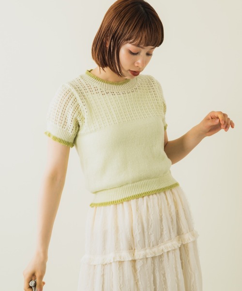 mebole(メボレ)の「配色ハーフスリーブニット(ニット/セーター・レディース・グリーン/グレー/ピンク/ホワイト・FREE)」の3枚目の写真