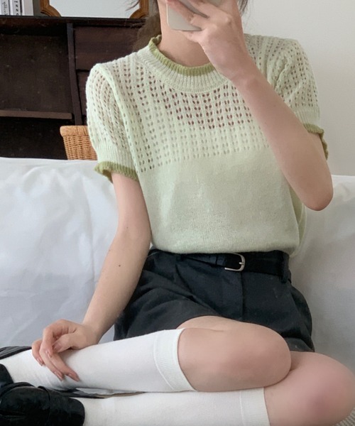 mebole(メボレ)の「配色ハーフスリーブニット(ニット/セーター・レディース・グリーン/グレー/ピンク/ホワイト・FREE)」の21枚目の写真