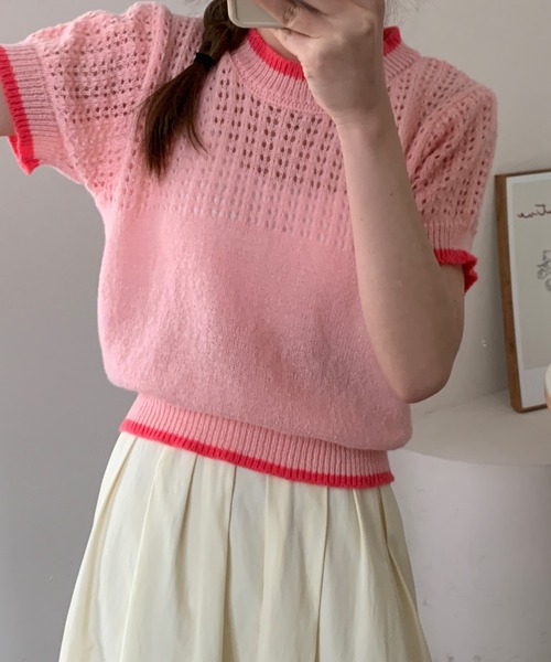 mebole(メボレ)の「配色ハーフスリーブニット(ニット/セーター・レディース・グリーン/グレー/ピンク/ホワイト・FREE)」の15枚目の写真