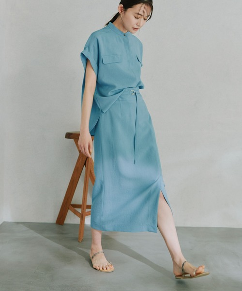 NANO universe(ナノユニバース)の「LB.03/メランジドライ ベルト付きタイトスカート(セットアップ可)(スカート・レディース・ブルーグリーン/ライトベージュ/ダークネイビー/アイボリー/ライム・Ⅰ/Ⅱ)」の4枚目の写真