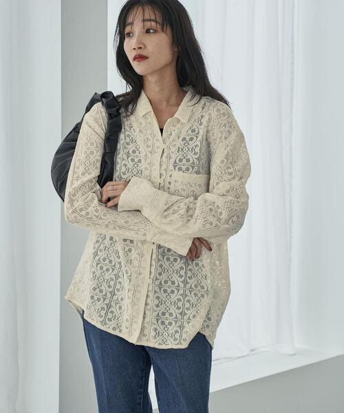 coen（コーエン）の「レース開襟シャツ（シャツ/ブラウス・レディース・ホワイト/ブラック/ベージュ・M/L）」の3枚目の写真