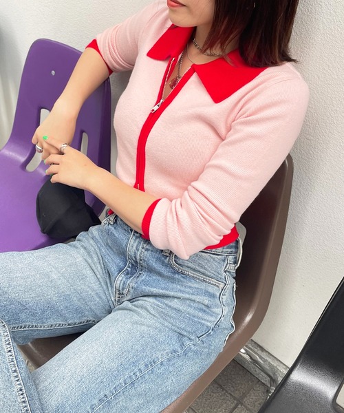 SPIRALGIRL(スパイラルガール)の「バイカラーダブルZIPニットトップス(ニット/セーター・レディース・ブラック/ピンク/グリーン・FREE)」の7枚目の写真