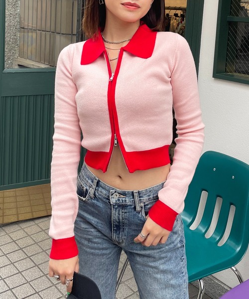 SPIRALGIRL(スパイラルガール)の「バイカラーダブルZIPニットトップス(ニット/セーター・レディース・ブラック/ピンク/グリーン・FREE)」の9枚目の写真