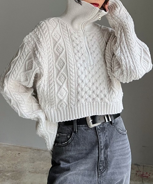 PAGEBOY（ページボーイ）の「ハーフZIPケーブルショート（ニット/セーター・レディース・ブラック/グレー/オフホワイト/ラベンダー・FREE）」の16枚目の写真