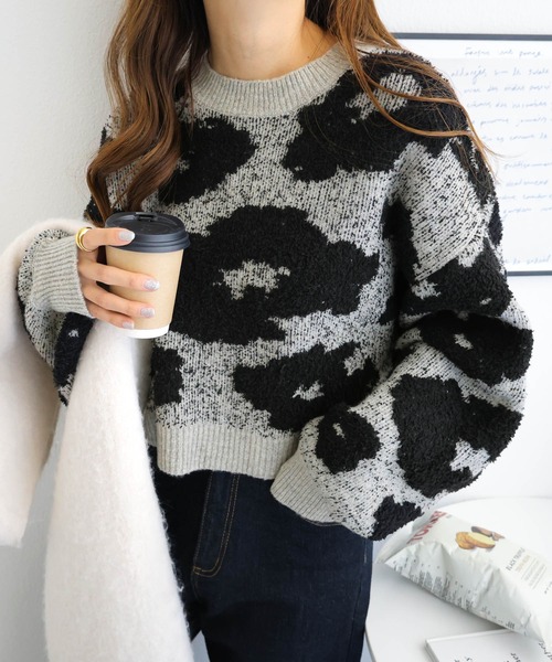 セール】花柄ジャガードクロップド丈ニットプルオーバー（ニット