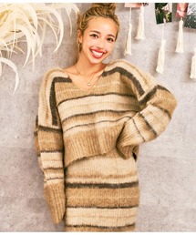 anap mimpi | Vネック ボーダー 起毛 ニット(ニット/セーター)