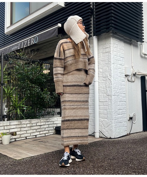 anap mimpi（アナップミンピ）の「Vネック ボーダー 起毛 ニット（ニット/セーター・レディース・ダークグレー/ベージュ・FREE）」の4枚目の写真