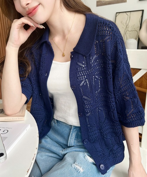 moment+（モーメントプラス）の「スクエア柄透かし編みシャツニット