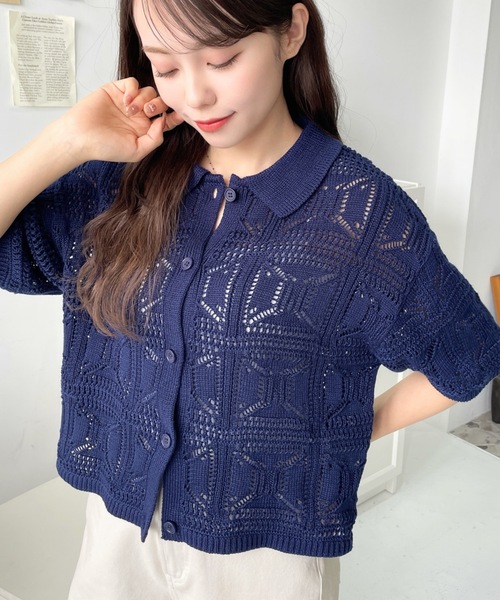 moment+（モーメントプラス）の「スクエア柄透かし編みシャツニット