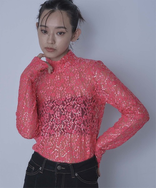セール】スパンコールレースハイネックトップス（Tシャツ