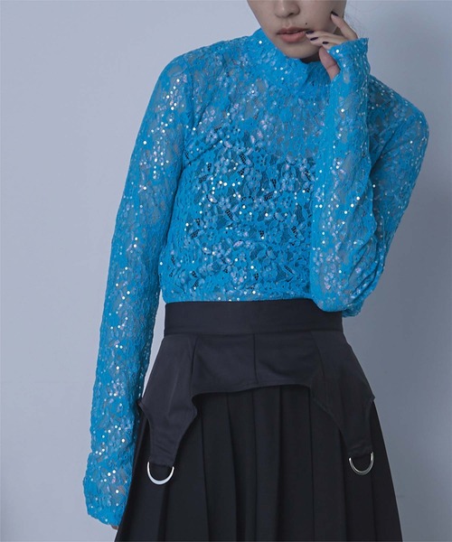 miette（ミエット）の「スパンコールレースハイネックトップス（Tシャツ/カットソー・レディース・ライトグリーン/ブラック/ブルー/ピンク・FREE）」の4枚目の写真