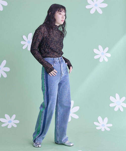 miette（ミエット）の「スパンコールレースハイネックトップス（Tシャツ/カットソー・レディース・ライトグリーン/ブラック/ブルー/ピンク・FREE）」の5枚目の写真