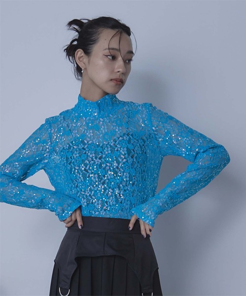 miette（ミエット）の「スパンコールレースハイネックトップス（Tシャツ/カットソー・レディース・ライトグリーン/ブラック/ブルー/ピンク・FREE）」の10枚目の写真