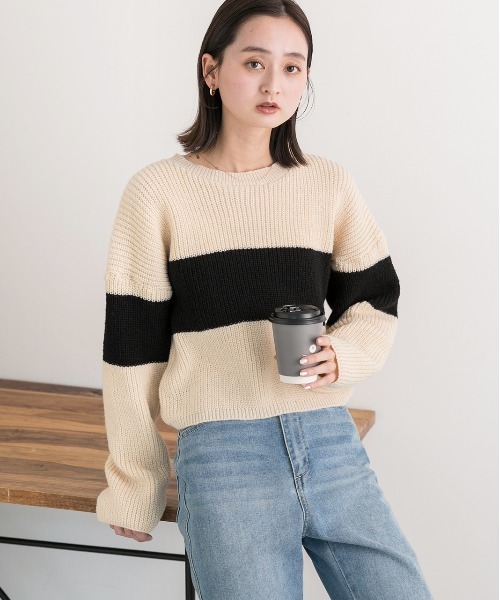 ad thie（アドティエ）の「ショート・ざっくり編み ボーダーニット（ニット/セーター・レディース・ブラック/ブラウン/ライトブルー・FREE）」の12枚目の写真